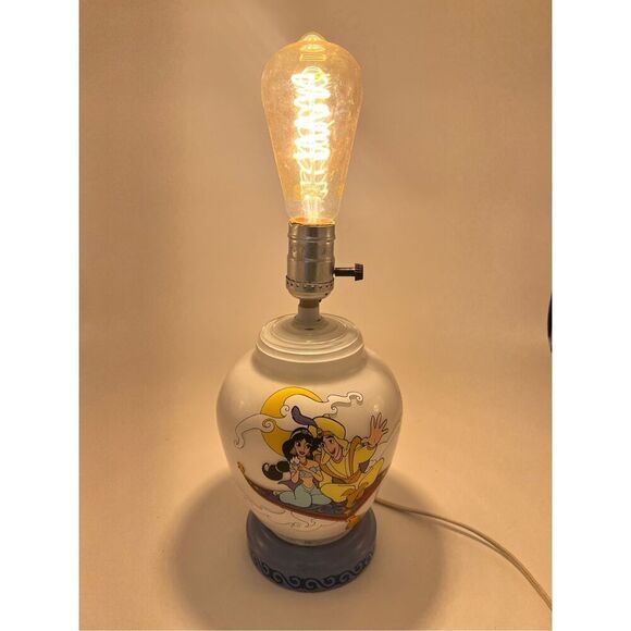 vintage Disney Aladdin & Jasmine Genie Milk Glass Lamp Red Light Night Light 90s - Picture 3 of 12